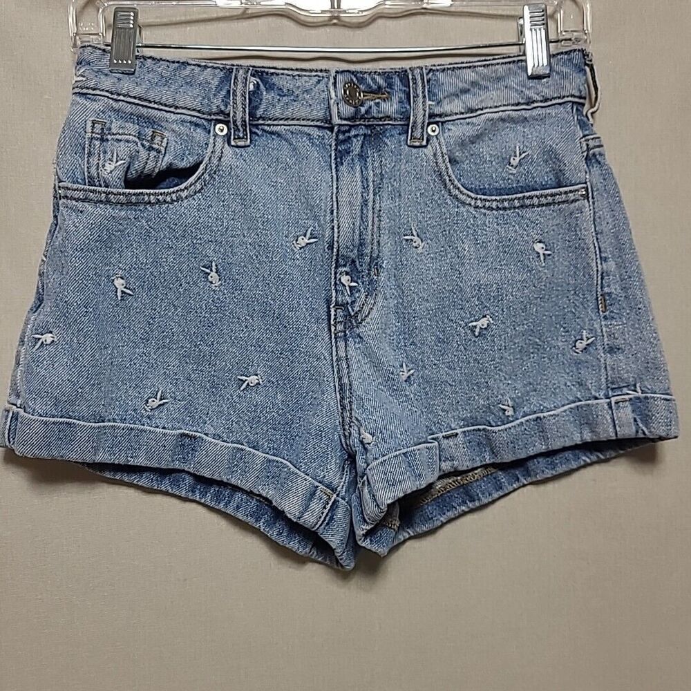 Pacsun Playboy Shorts Womens 25 Denim Distressed Hem Mom Bunny Logo Light Wash
